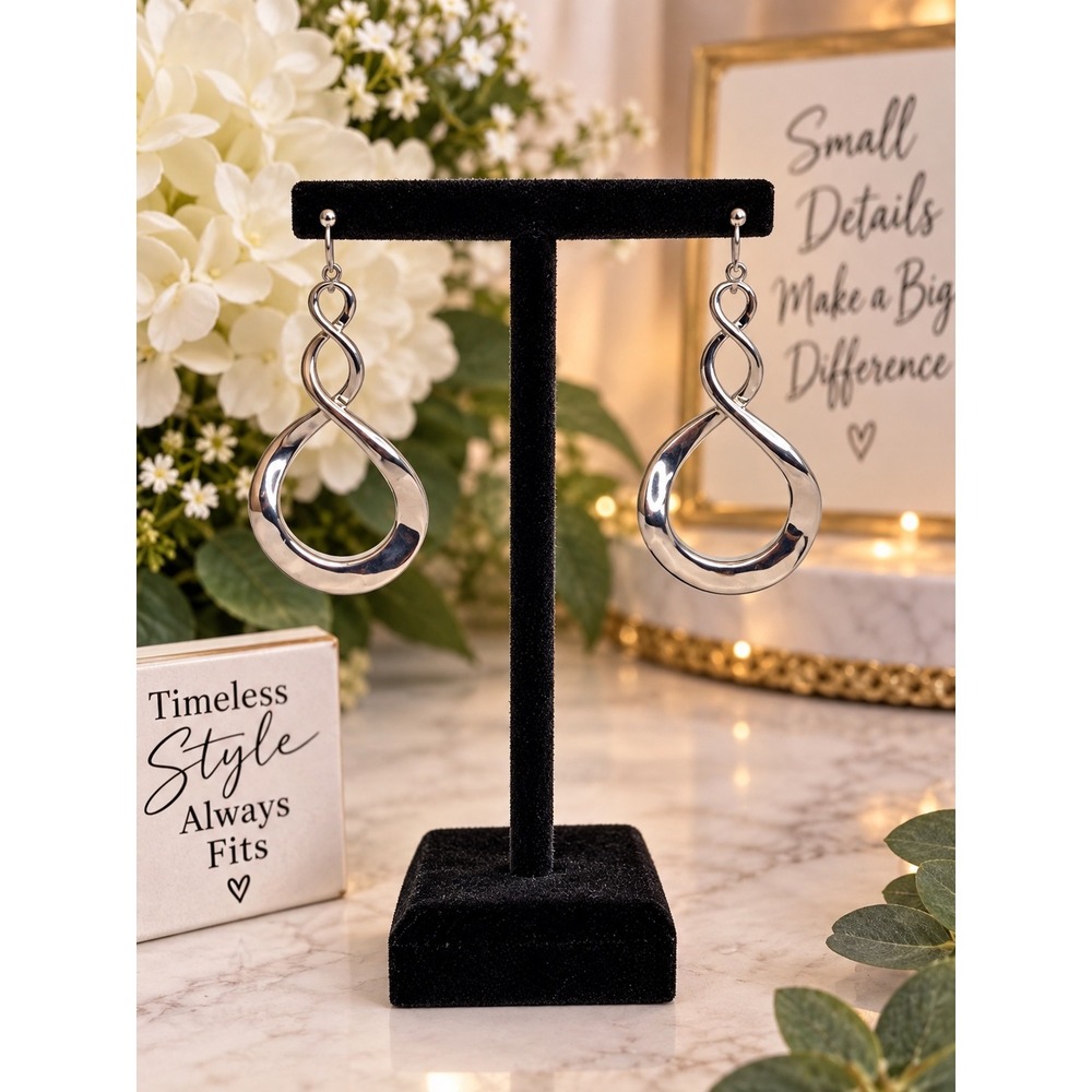 Silver Tone Infinity Twist Sculptural Drop Earrings Open Hoop Dangle